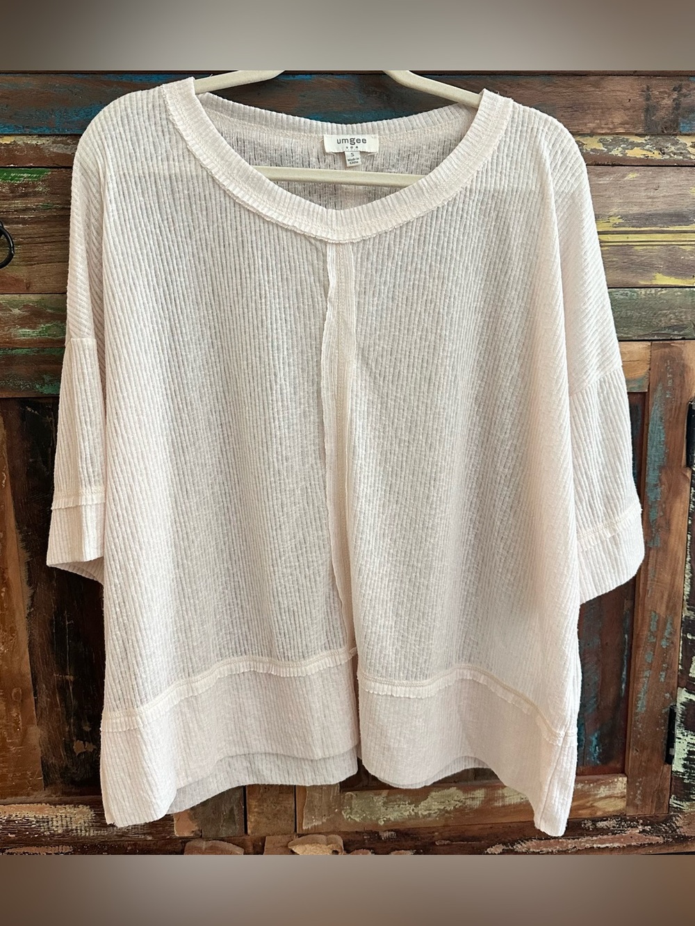 Umgee Cream Textured Knit Slouchy Oversized Sheer Top S Raw Edge Ribbed Boho